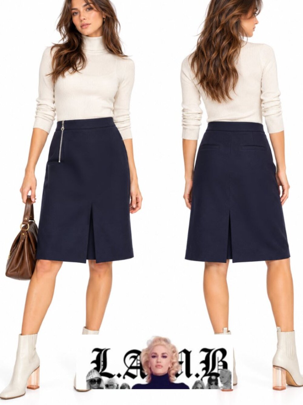 L.A.M.B. 100% Wool Blue Midi Skirt A-Line Slit 12 Preppy Chic Quiet Luxury